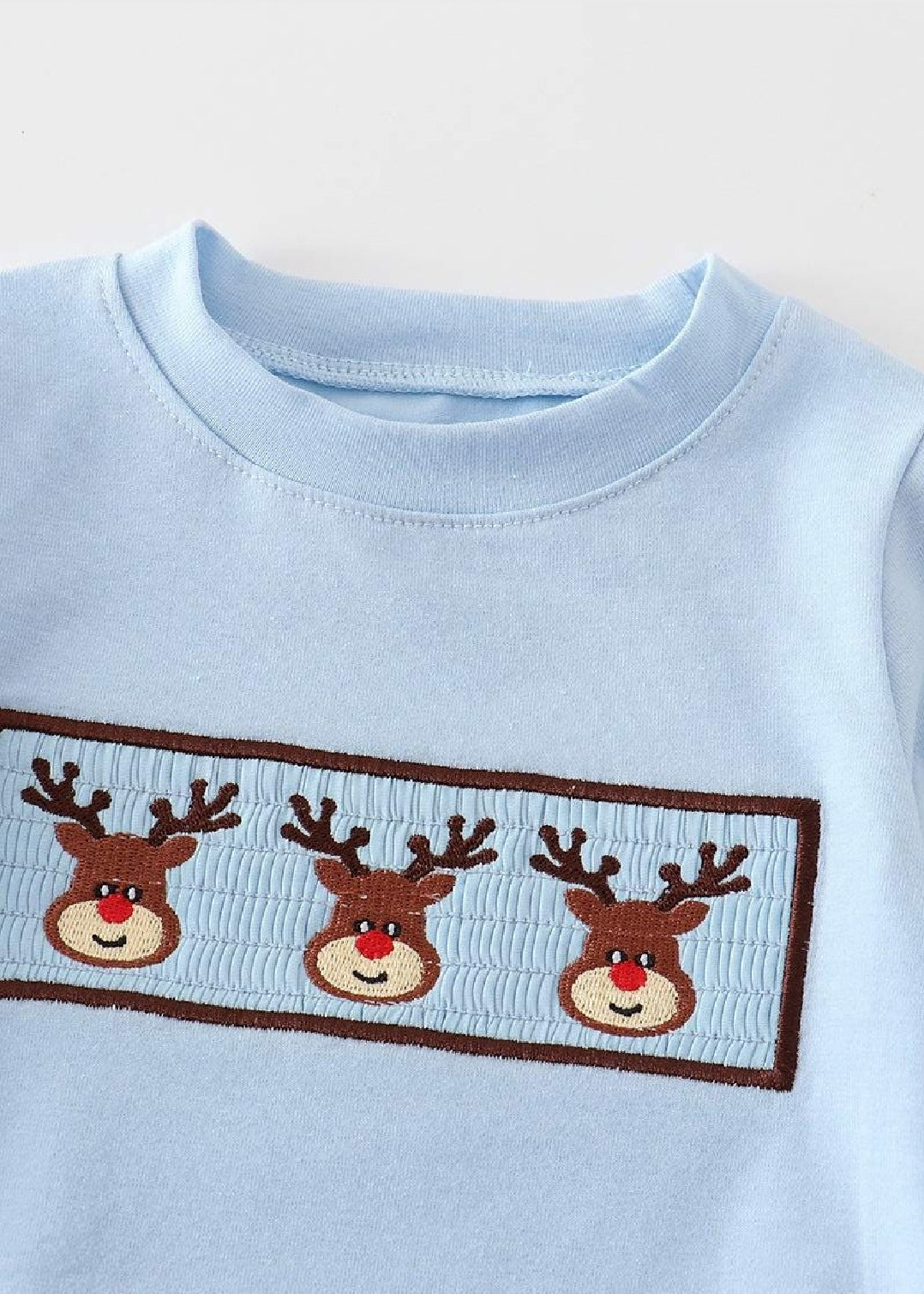 Boy's Boutique Blue Christmas Reindeer Smocked Embroidered Embroidery Bubble Romper Outfit Sibling Matching