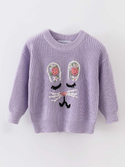 Girl's Boutique Easter Purple Hand-Embroidery Bunny Pullover Sweater Matching Sibling