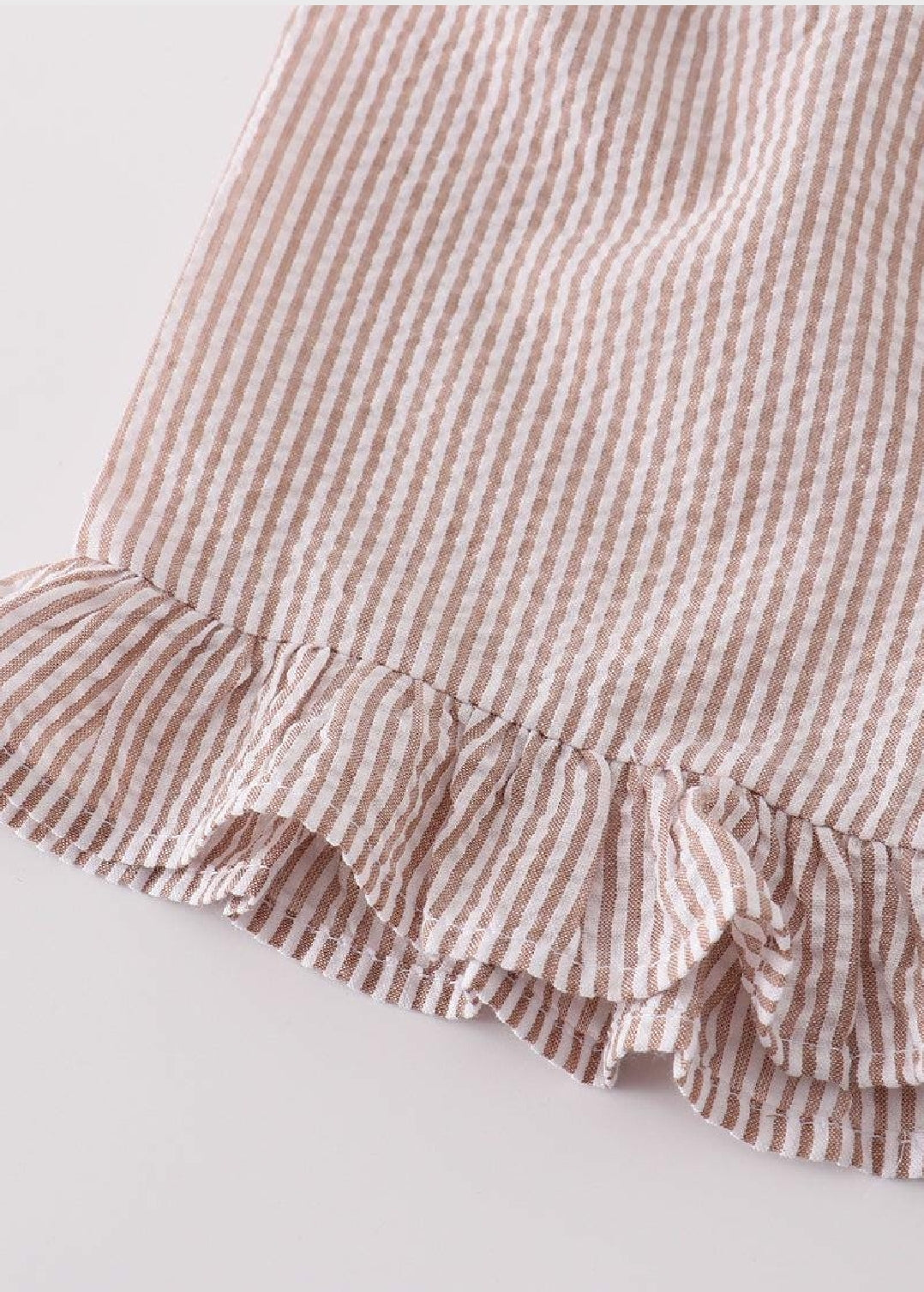 Girl's Boutique Premium White Stripe Easter Cross Brown Embroidered Two Piece Short Set Ruffles Lace Outfit Matching Sibling