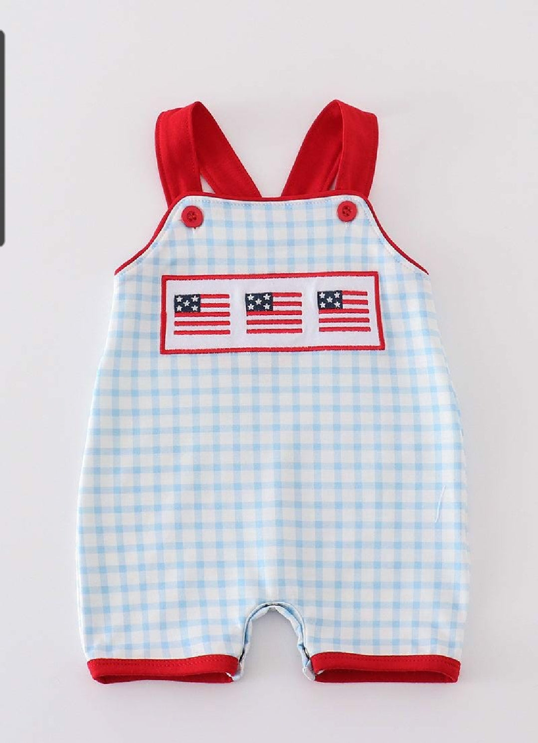 Boy's Boutique Blue Gingham Flag Patriotic 4th Of July Embroidered Jon Jon Romper Matching Sibling