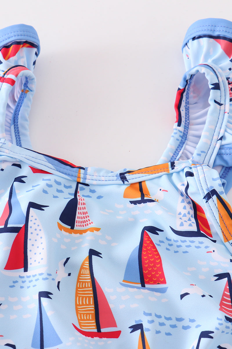 Abby & Evie Girl's Boutique Blue Sailboat Ruffle One Piece Swimsuit Matching Sibling