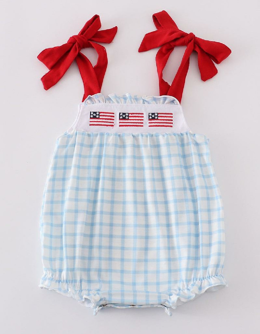 Girl's Boutique Patriotic Checkered Flag Red Blue Bubble Romper Outfit Embroidery Embroidered 4th of July Sibling Matching