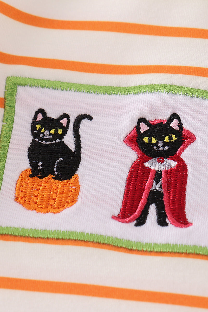Boy's Boutique Orange And Green Cat Halloween Striped Romper Sibling Matching Size 3M
