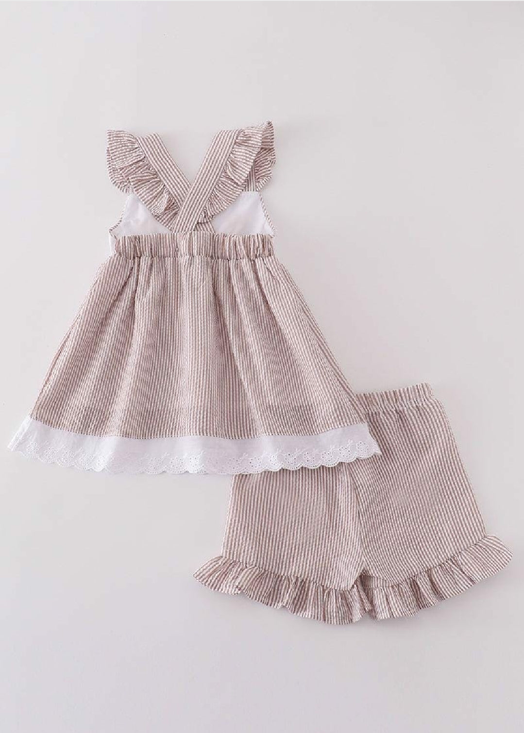 Girl's Boutique Premium White Stripe Easter Cross Brown Embroidered Two Piece Short Set Ruffles Lace Outfit Matching Sibling