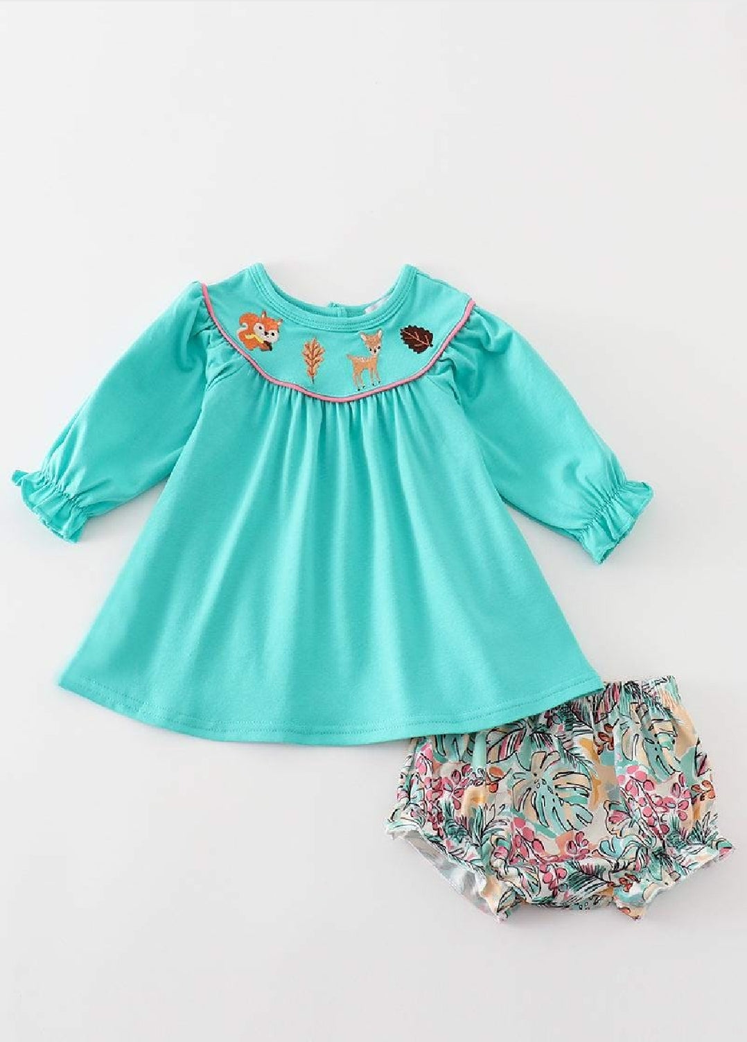 Girl's Boutique Teal Floral Print Forest Animal Embroidered Embroidery BABY Toddler Bloomer Set Matching Sibling