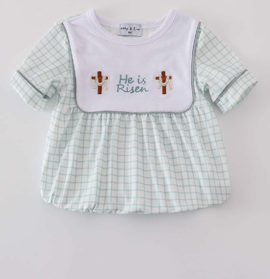 Boy's Boutique Blue Easter He Is Risen Applique Embroidered Embroidery Romper Outfit Matching Sibling