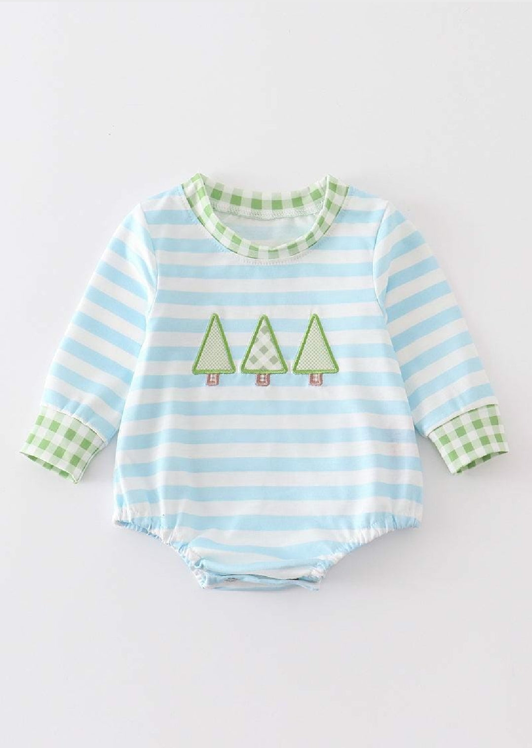 Boy's Boutique Blue Striped Christmas Tree Embroidered Embroidery Bubble Romper Outfit Sibling Matching