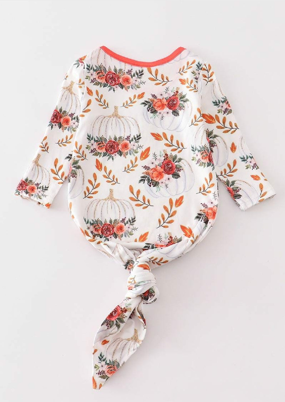 Girl's Boutique Orange Floral Pumpkin Fall Print Bamboo Baby Knot One Piece Outfit