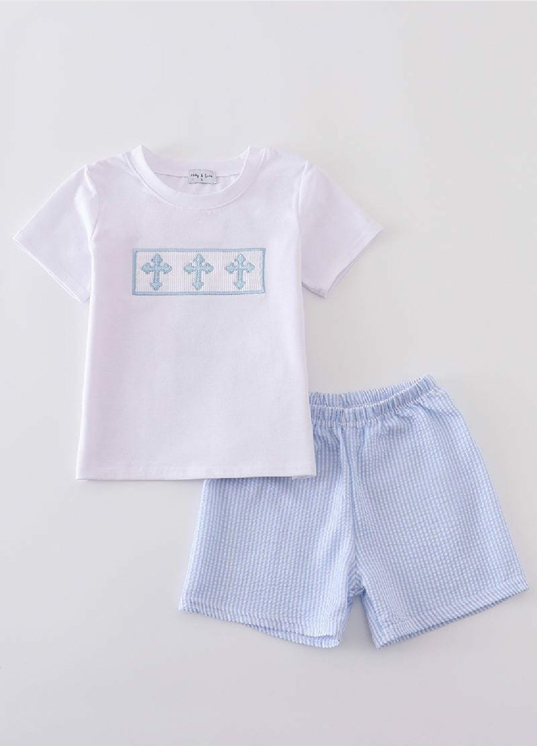 Boy's Boutique Blue Easter Cross Embroidered Embroidery Smocked Two Piece Outfit Set Matching Sibling