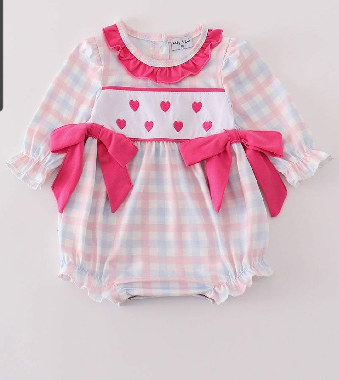 Girl's Boutique Valentine's Day Heart Embroidery Embroidered Plaid Bubble Romper Matching Sibling