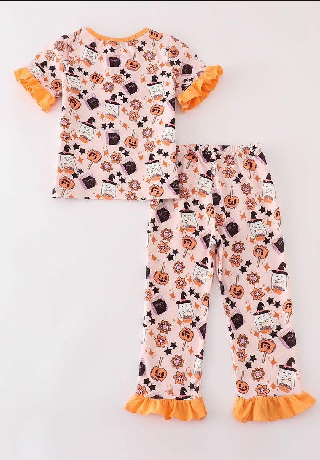 Girl's Boutique Cotton Happy Halloween Orange Ghost Girl Ruffle Lounge Set Sibling Matching