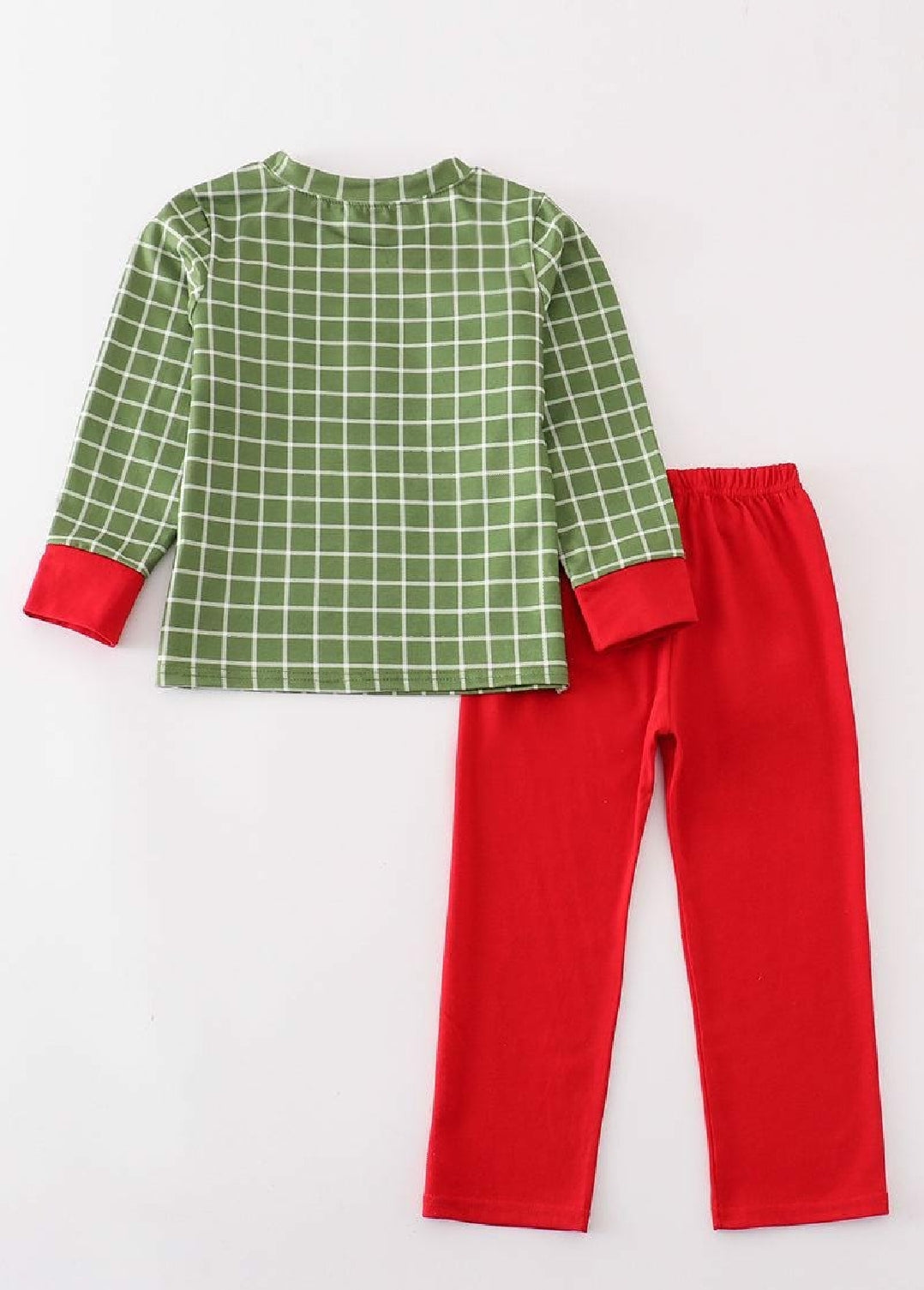Boy's Boutique Christmas Green Holly Plaid Embroidery Embroidered 2 Piece Pant Set Outfit Matching Sibling
