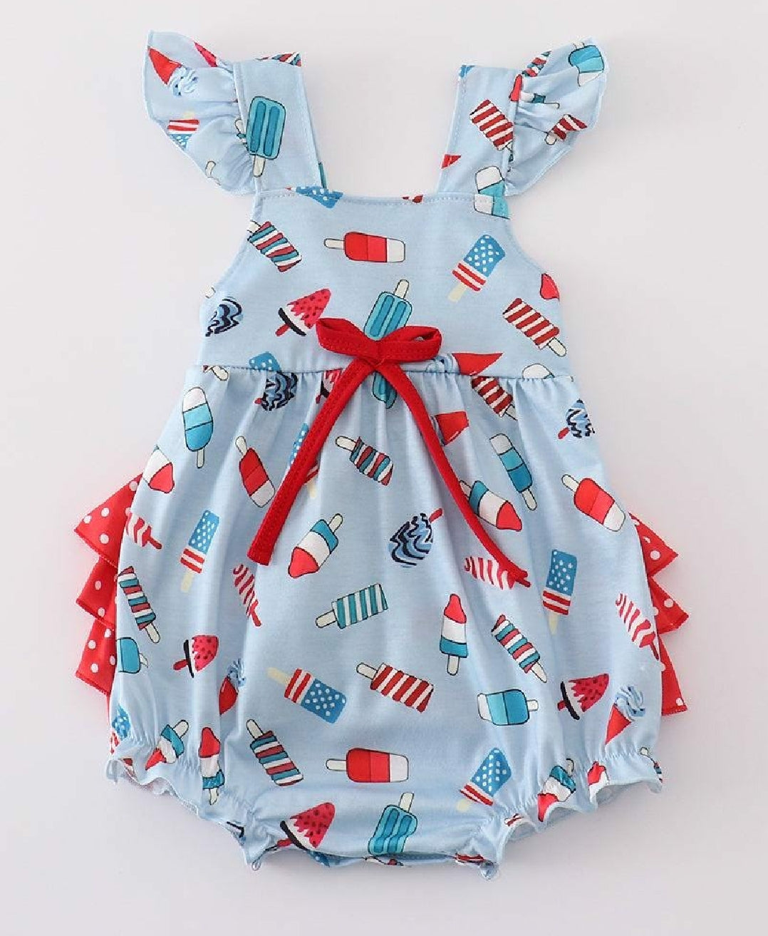 Girl's Boutique Cotton Blue Popsicles Print Embroidered Summer Ruffle Bubble Romper Matching Sibling 4th of July Patriotic