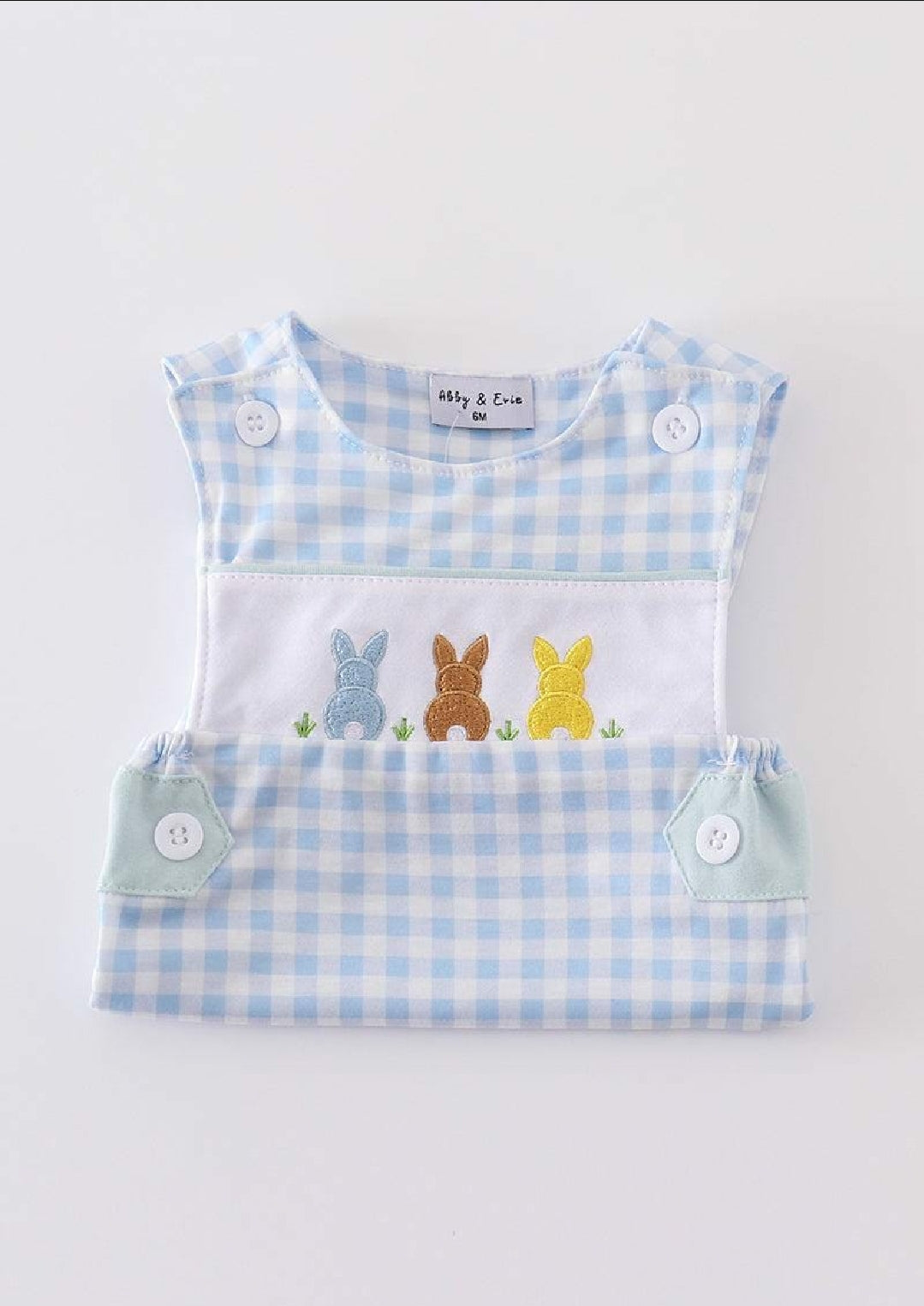 Boy's Boutique Easter Blue Bunny Bunnies Applique Embroidered Embroidery JonJon Romper Outfit Matching Sibling
