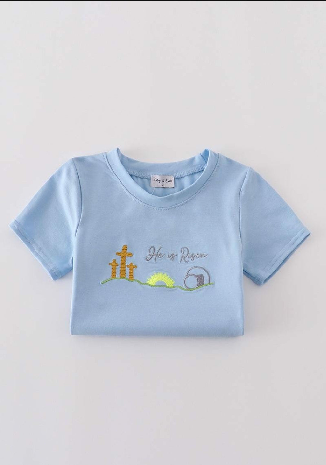 Boy's Boutique Blue Easter Cross He Is Risen Applique Gingham 2 Piece Outfit Set Matching Sibling