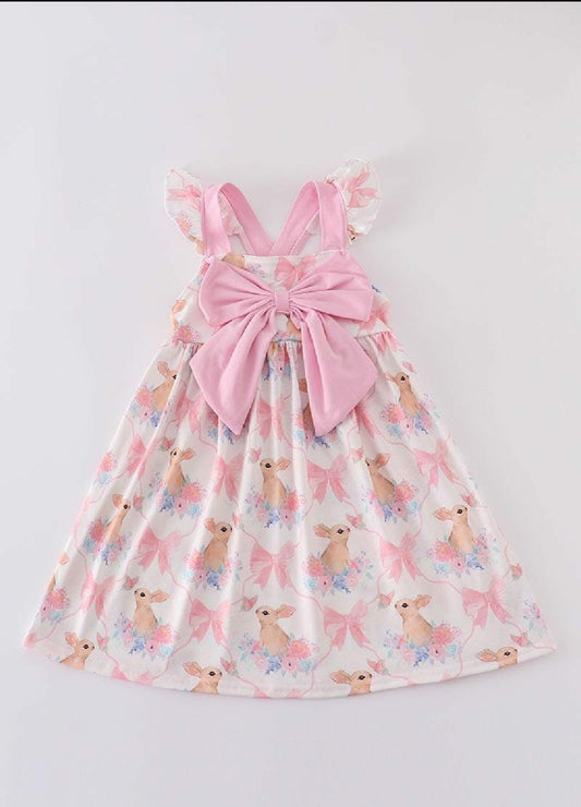 Girl's Boutique Easter Pink Bunny Bow Embroidered Embroidery Dress Matching Sibling