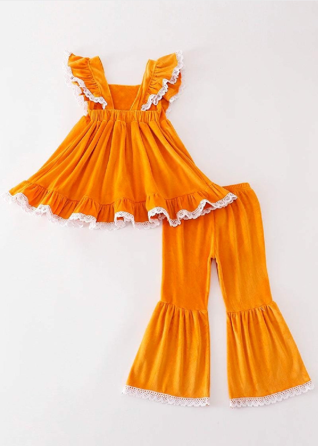 Girl's Boutique Honey Bee Velvet Sunflowes Lace Embroidered Embroidery Two Piece Flare Pants Set Outfit Matching Sibling