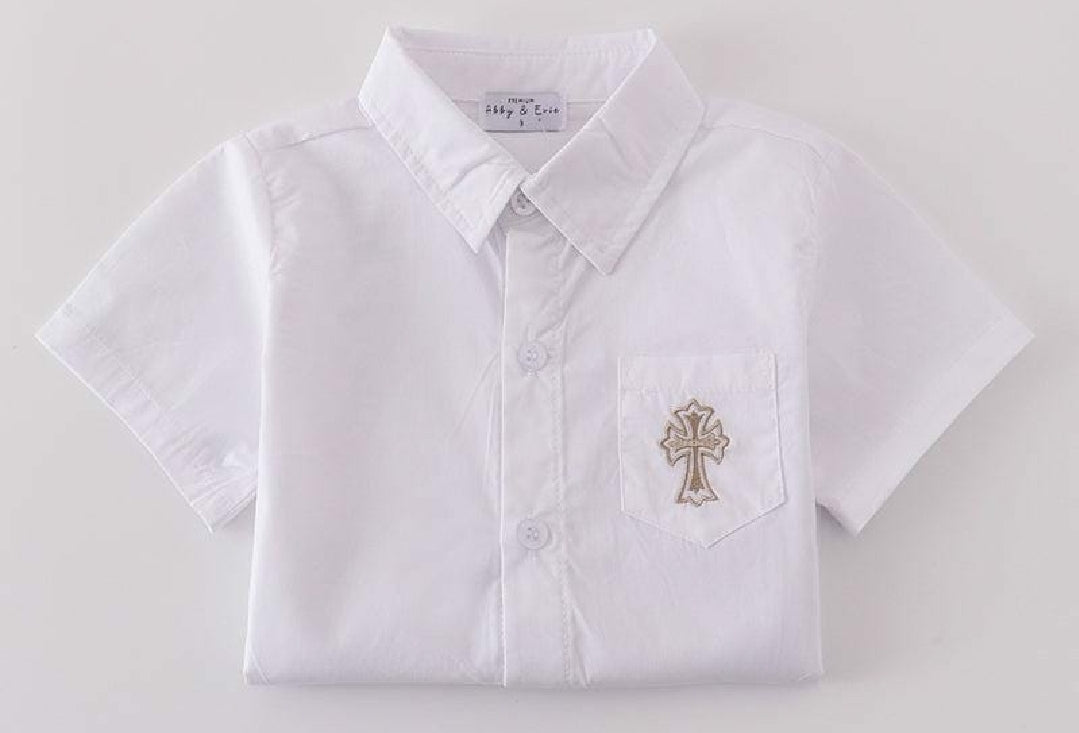 Boy's Boutique Premium White Easter Cross Embroidered Boy Top Button Down Collar Matching Sibling
