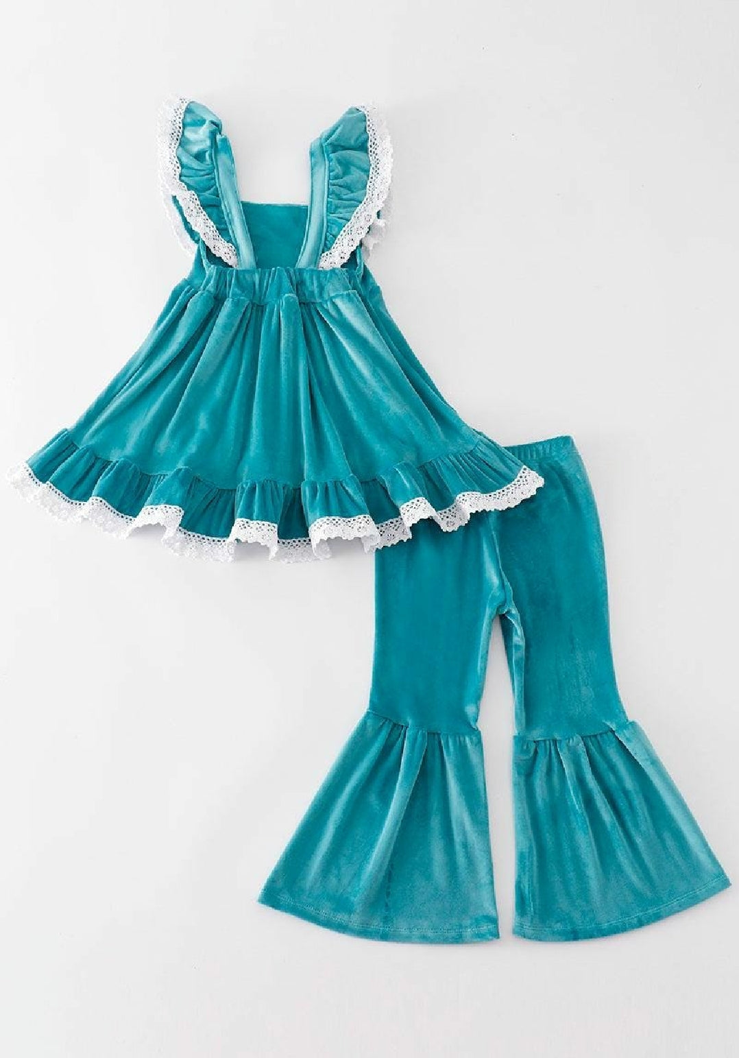Girl's Boutique Blue Velvet Sunflowes Lace Embroidered Embroidery Two Piece Flare Pants Set Outfit Matching Sibling