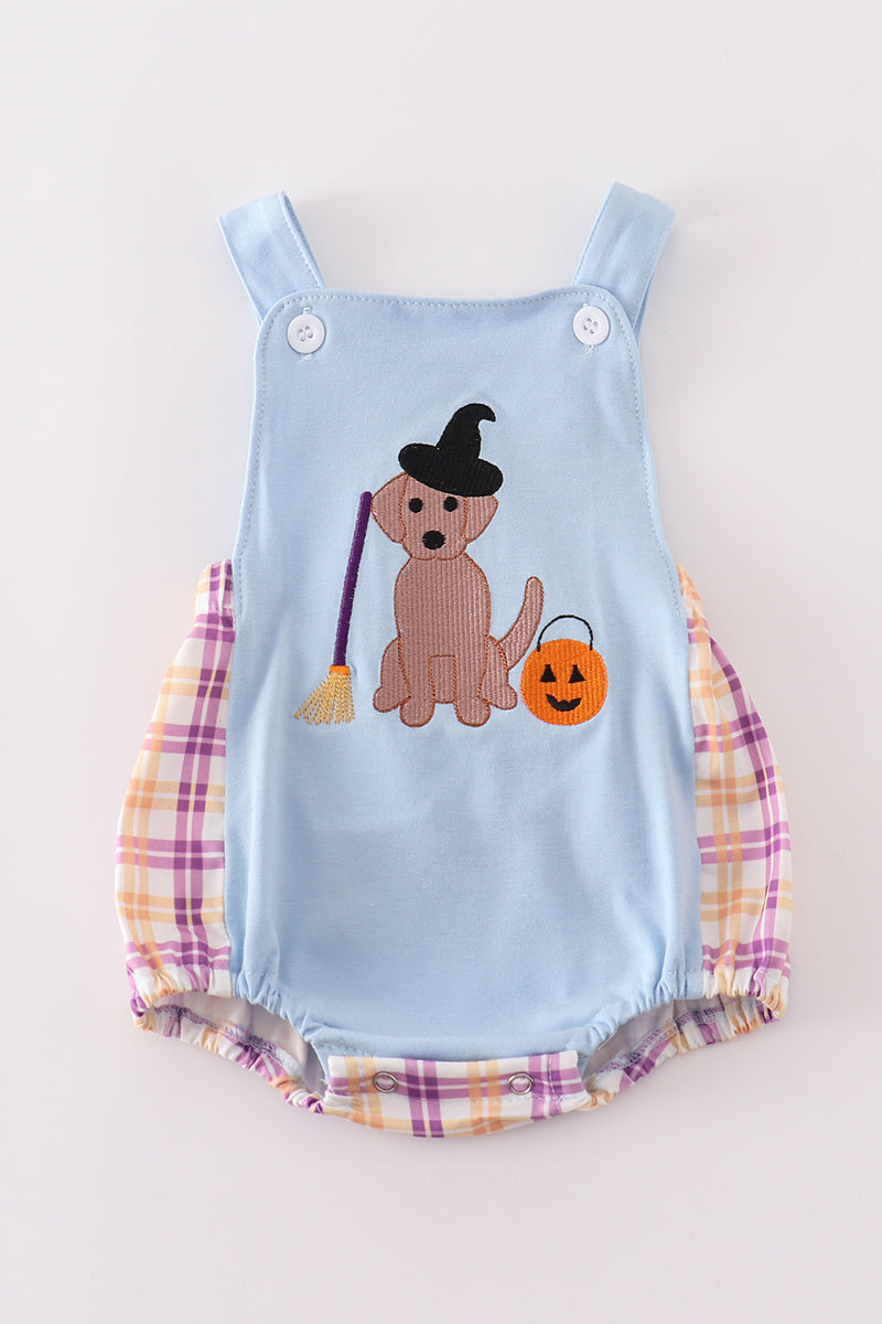 Boy's Boutique Blue Halloween Witch Dog Embroidered Embroidery Romper Matching Sibling