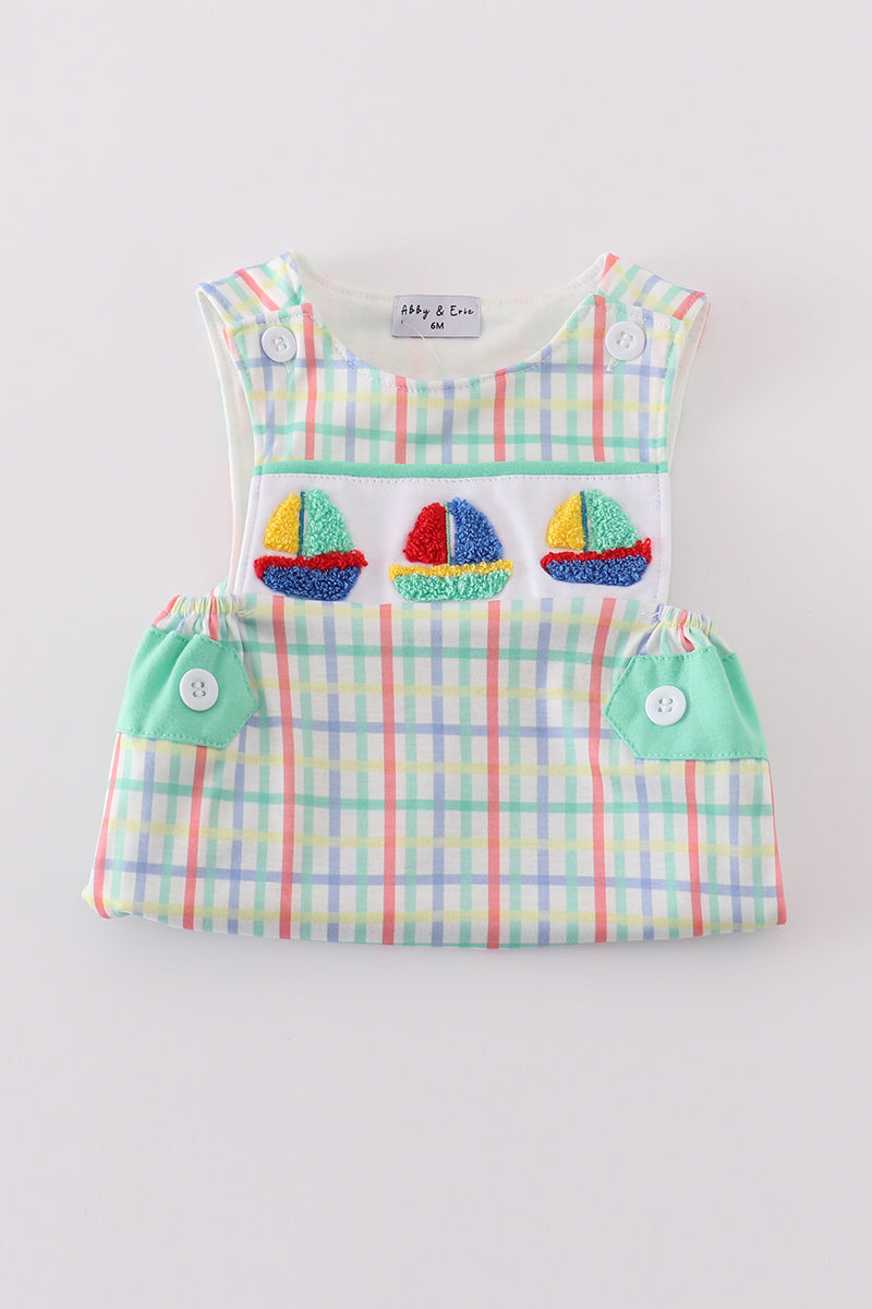 Boy's Boutique Green Sailboat French Knot JonJon Romper Sibling Matching Summer Cruise Trip
