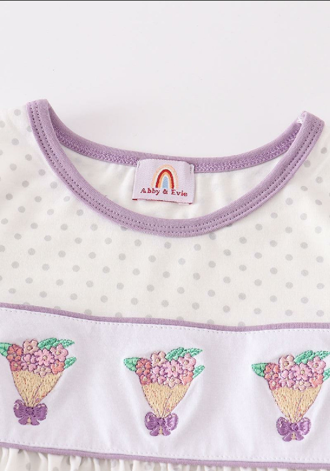 Girl's Boutique Cotton White Purple Bouquet Floral Flower Dots Embroidered Embroidery Dress