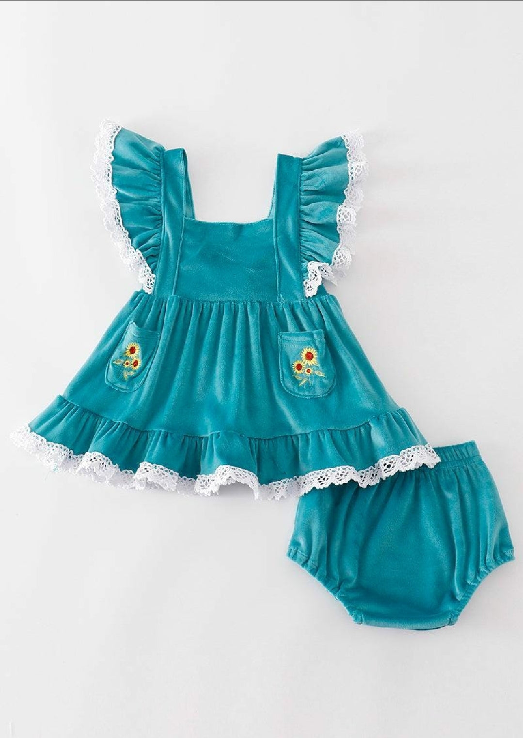 Girl's Boutique Blue Velvet Sunflowes Lace Embroidered Embroidery Two Piece Bloomer Set Outfit Matching Sibling