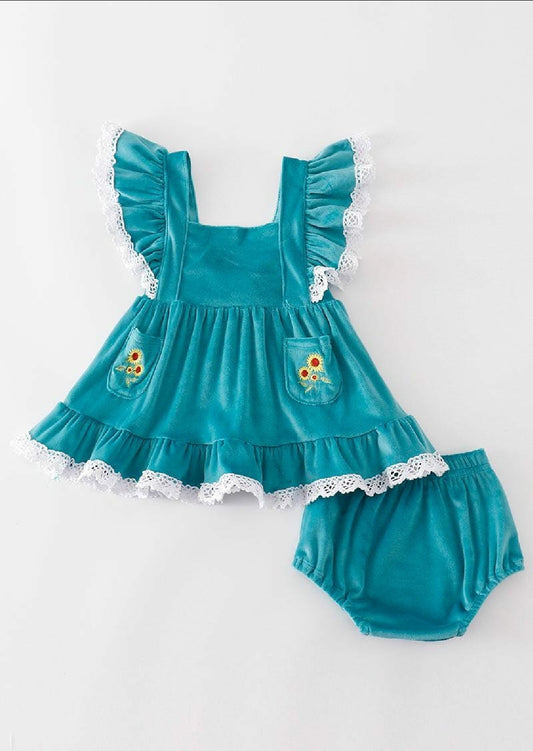 Girl's Boutique Blue Velvet Sunflowes Lace Embroidered Embroidery Two Piece Bloomer Set Outfit Matching Sibling