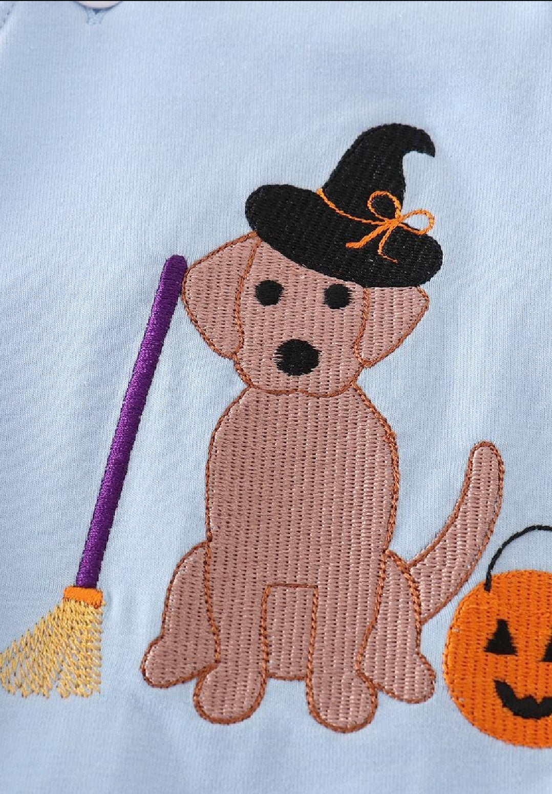 Girl's Boutique Blue Halloween Witch Dog Embroidered Embroidery Romper Matching Sibling