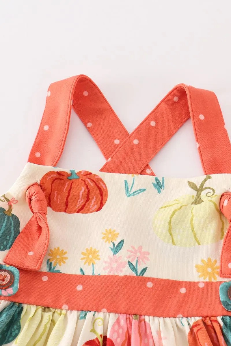 Cotton Castle Girl's Boutique Platinum Pumpkin Print Ruffle Apron Dress Autumn Thanksgiving