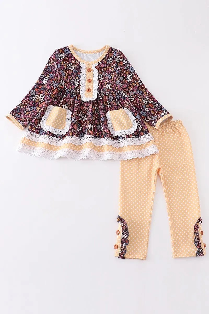 Sassy Soul Honeydew Girl's Boutique Mustard Floral Print Ruffle Girl Set Fall Lace Autumn Pockets
