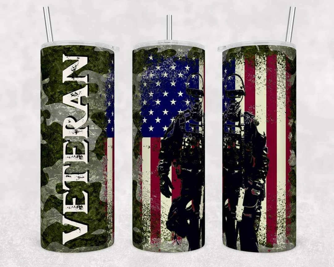 Military Veteran Camo Soldier Flag Stainless Steel Tumbler