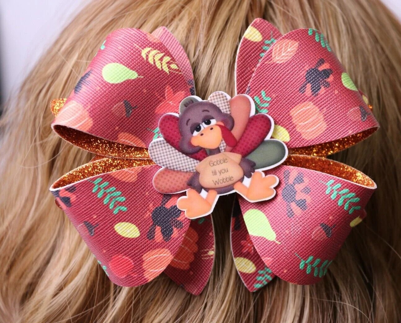 Orange Turkey Thanksgiving Hair Bow Stacked Boutique Handmade