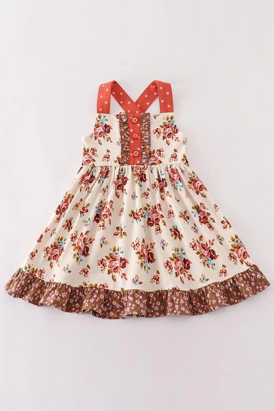 Cotton Castle Girl's Boutique Platinum Rust Floral Print Ruffle Apron Dress Autumn Thanksgiving Fall