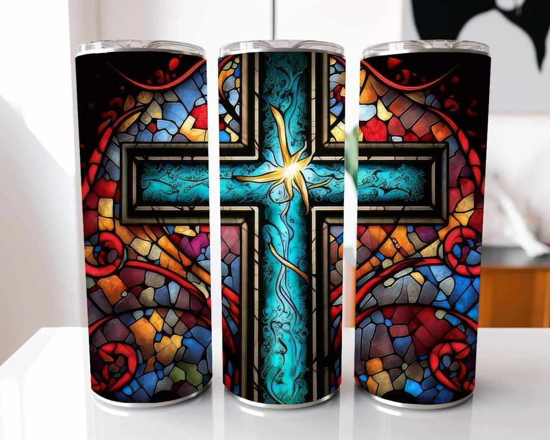 Multicolor Stained Glass Cross Christian Stainless Steel Tumbler