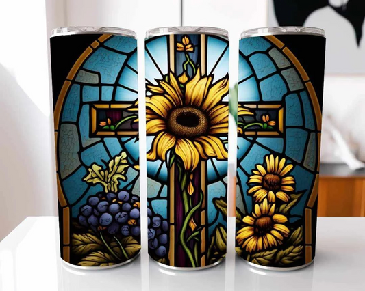 Blue Cross Sunflower Stained Glass Stainless Steel Tumbler