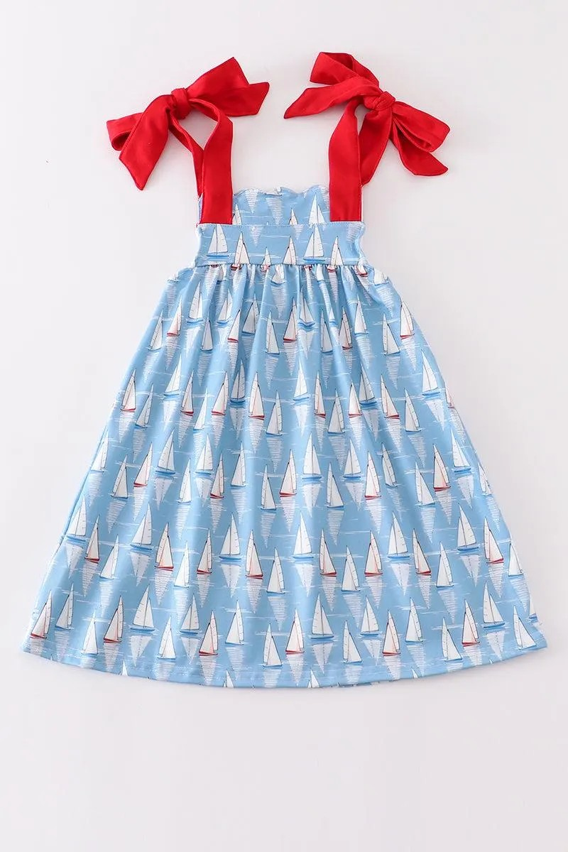 Abby & Evie Girl's Boutique Cotton Blue Sailboat Embroidered Summer Dress Matching Sibling