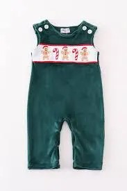 Abby & Evie Boys Boutique Forest Green Gingerbread Velvet Embroidery Embroidered Jon Jon Romper Outfit Matching Sibling