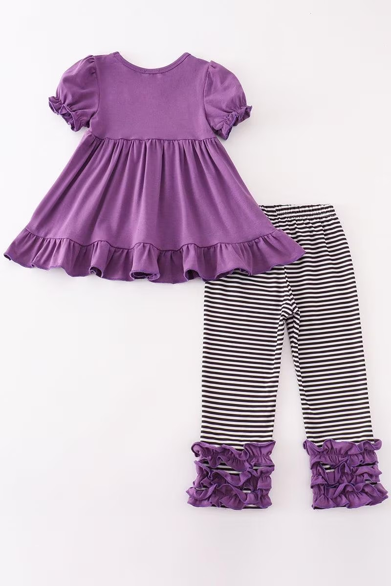 Abby & Evie Girl's Boutique Cotton Purple Boo Halloween Embroidered Girl Set