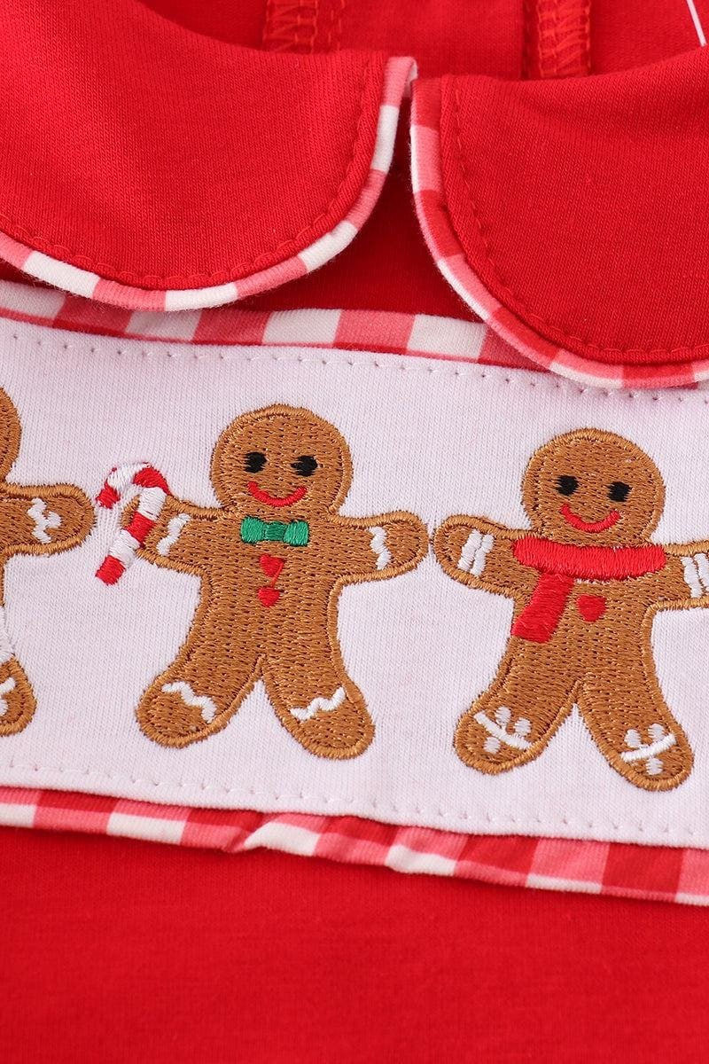 Abby & Evie Boy's Boutique Red Christmas Gingerbread Embroidered Embroidery Plaid Bubble Romper Sibling Matching