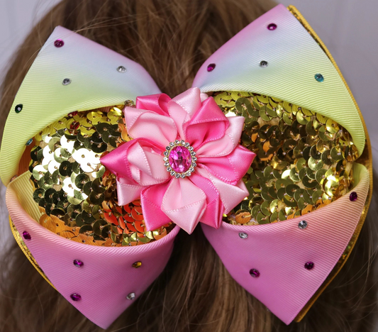 Pink And Yellow Rhinestone Hair Bow Stacked Handmade Boutique