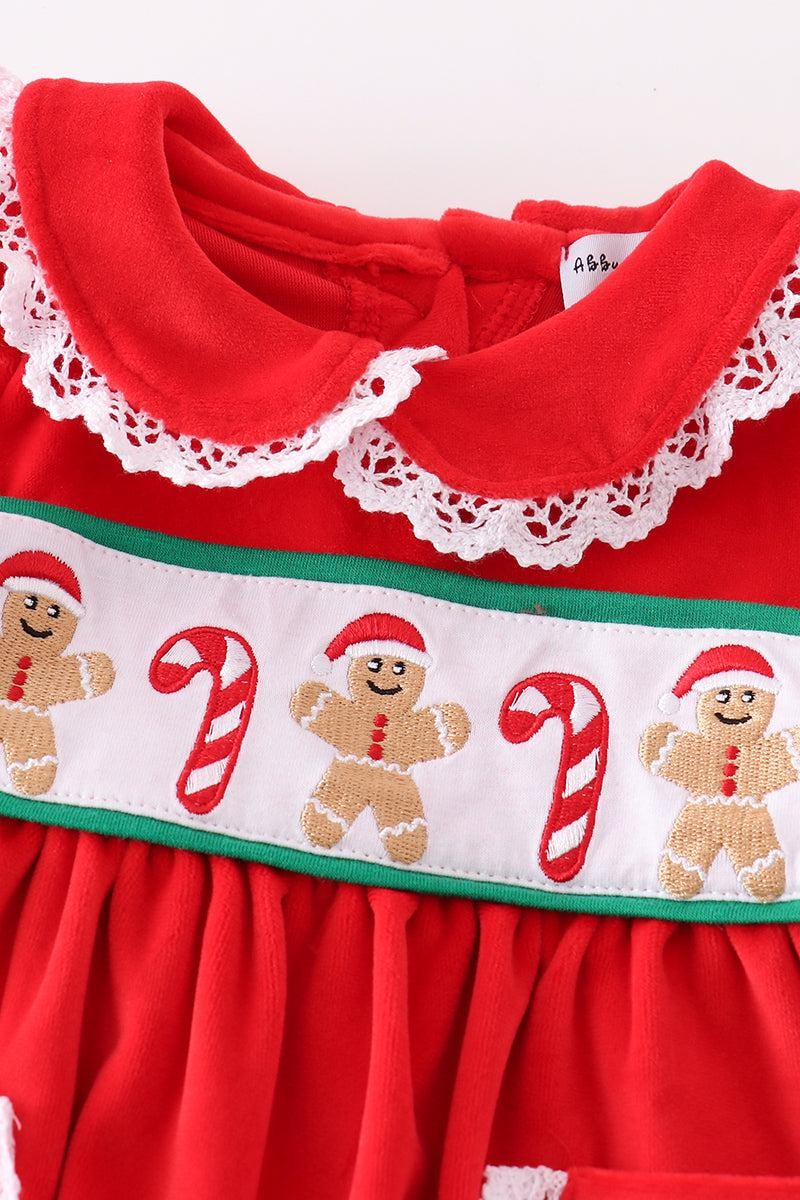 Abby & Evie Girl's Boutique Red Velvet Christmas Gingerbread Embroidered Embroidery Ruffle Bloomer Set Sibling Matching