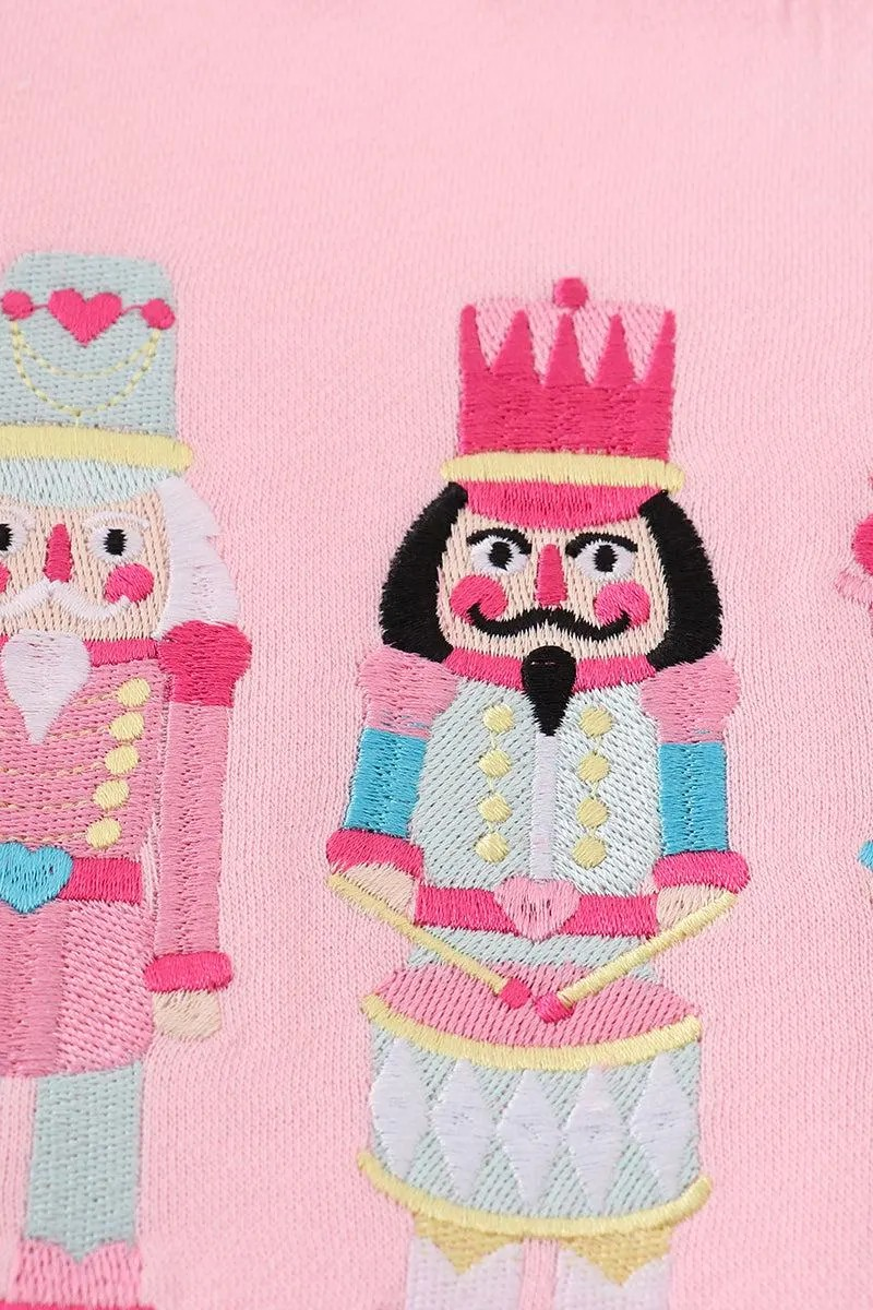 Abby & Evie Girl's Boutique Cotton Pink Christmas Nutcracker Fleece Embroidered Embroidery Sweater Sibling And Parent Matching Mommy And Me