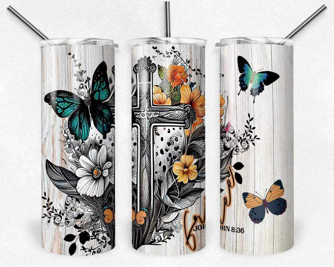 John 8:36 Cross Christian Butterfly Stainless Steel Tumbler