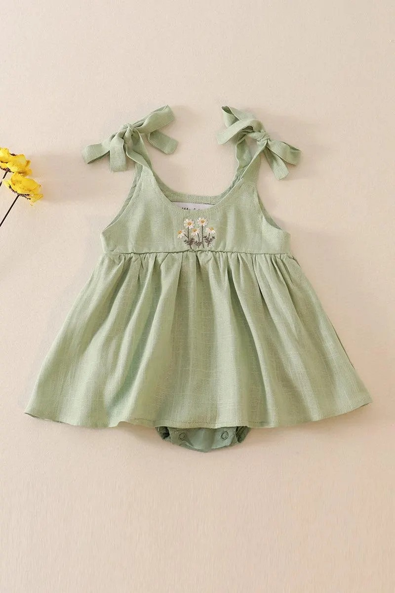 Petal & Pine Girl's Boutique Sage Green Floral Embroidered Linen Ruffle Strap Bubble Button Dress Matching Sibling