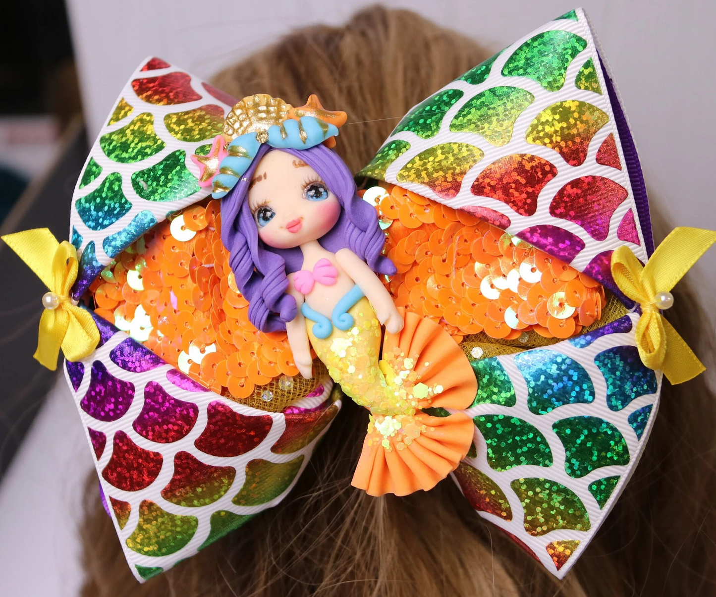 Multicolor Orange Sequin Scales Mermaid Clay Doll Hair Bow Handmade Boutique