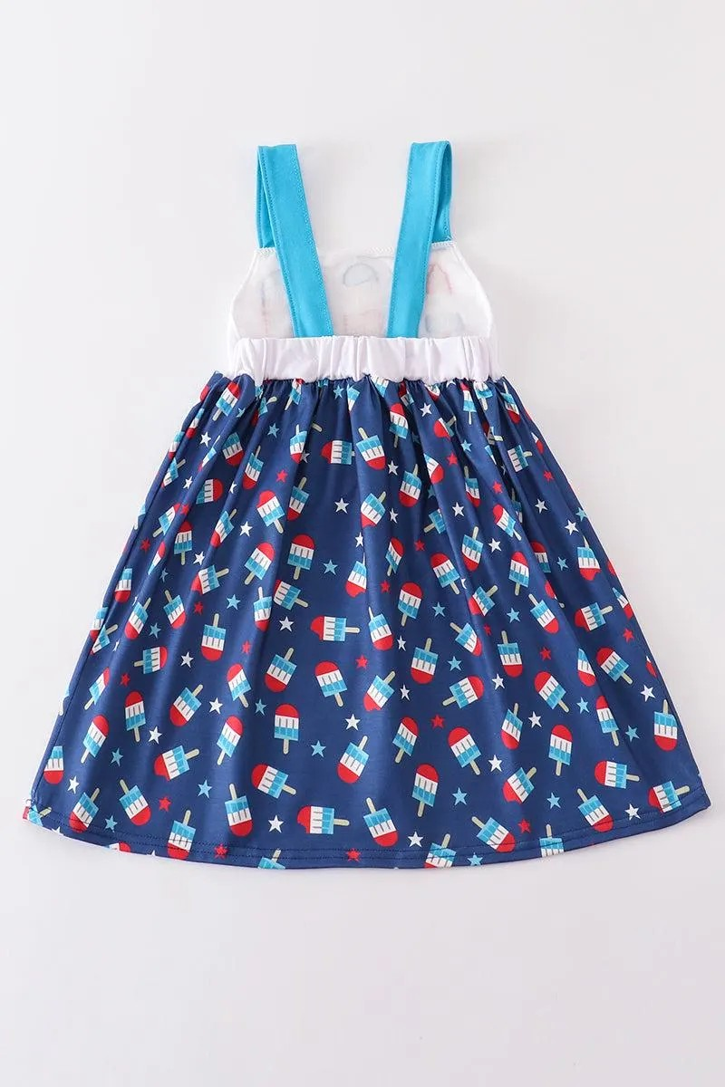 Abby & Evie Girl's Boutique Patriotic Popsicle Embroidered Strap Dress 4th Of July Independence Day Summer