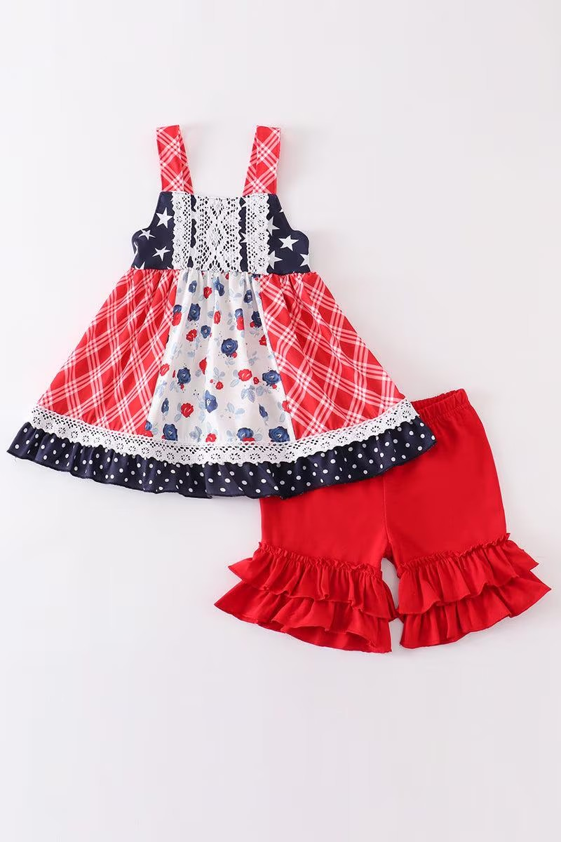 Abby & Evie Girl's Boutique Patriotic Floral Plaid Lace Smocked 2 Piece Set 4th of July Sibling Matching