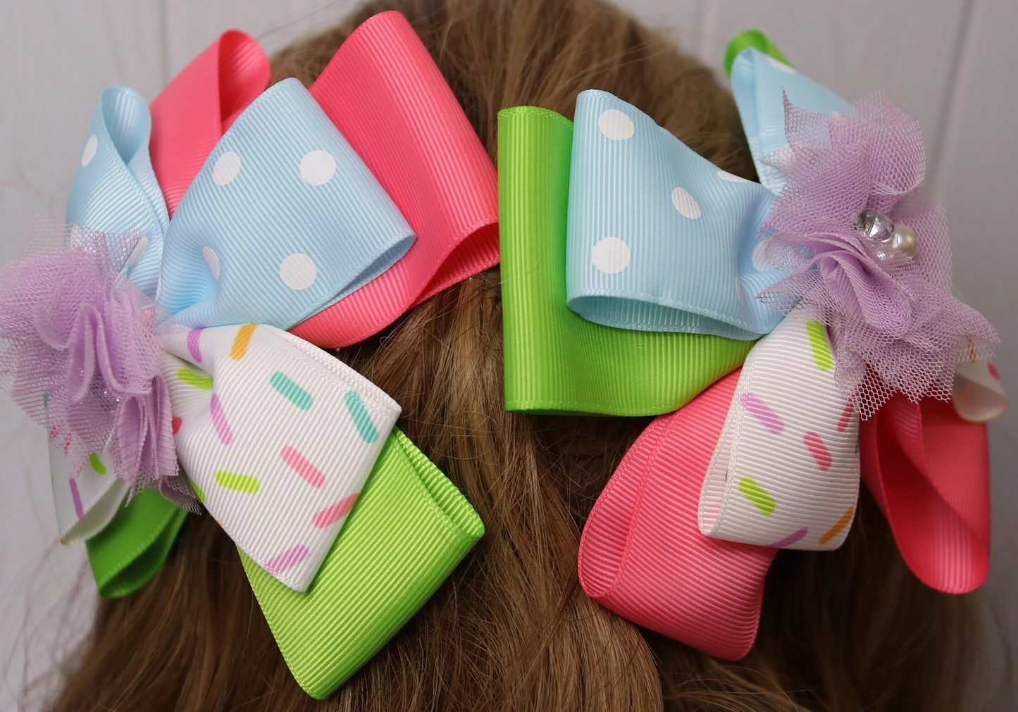 Set Of Two Matching Pigtails Piggies Multicolor Hair Bows Handmade Stacked Boutique