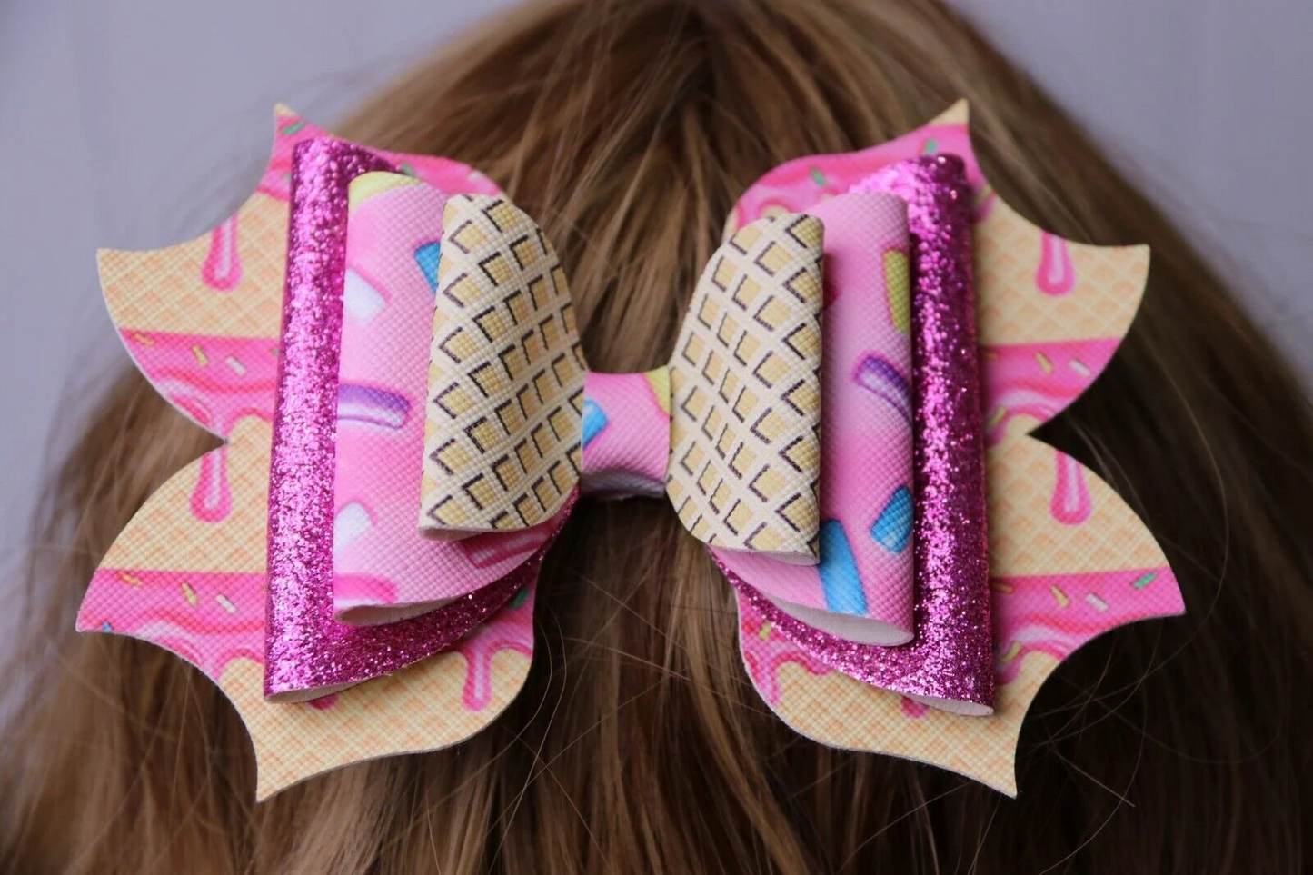 Pink Sprinkles Waffle Cone Hair Bow Stacked Boutique Handmade